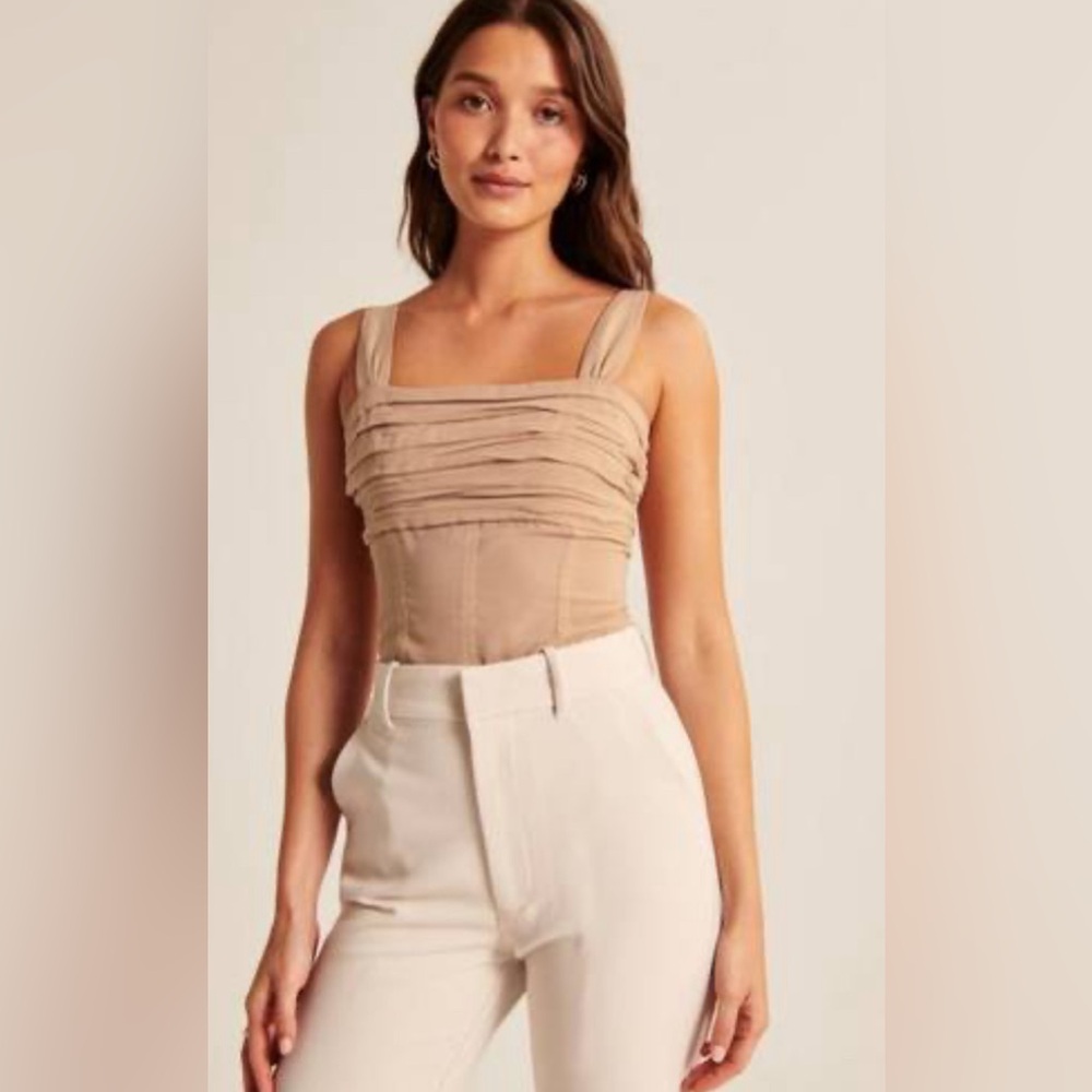 Abercrombie Ruched Sheer Corset Top - tan, size M